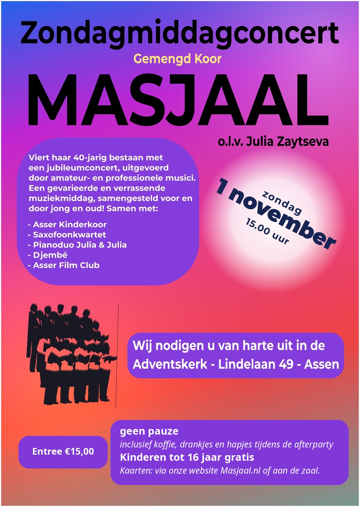 Poster jubileumconcert Gemengd Koor Masjaal, 1 november 2026, Adventskerk Assen